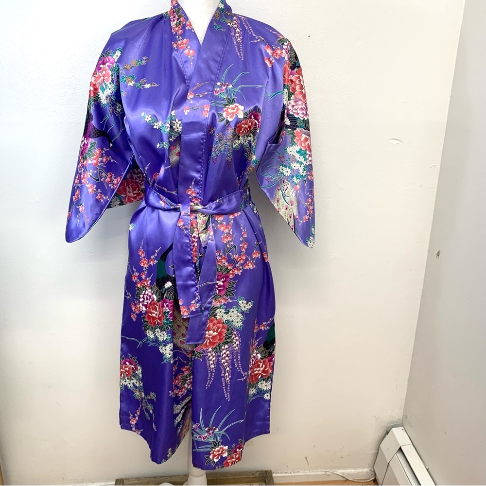 Japanese Purple Peacock Satin Jugemm Kimono Robe 40" Made Japan Oriental Vtg
